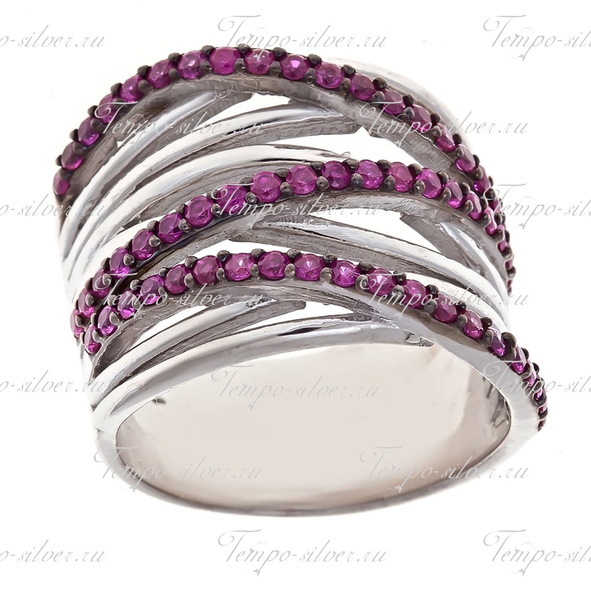 Кольцо из серебра многослойное с пересекающимися полосами из розовых камней