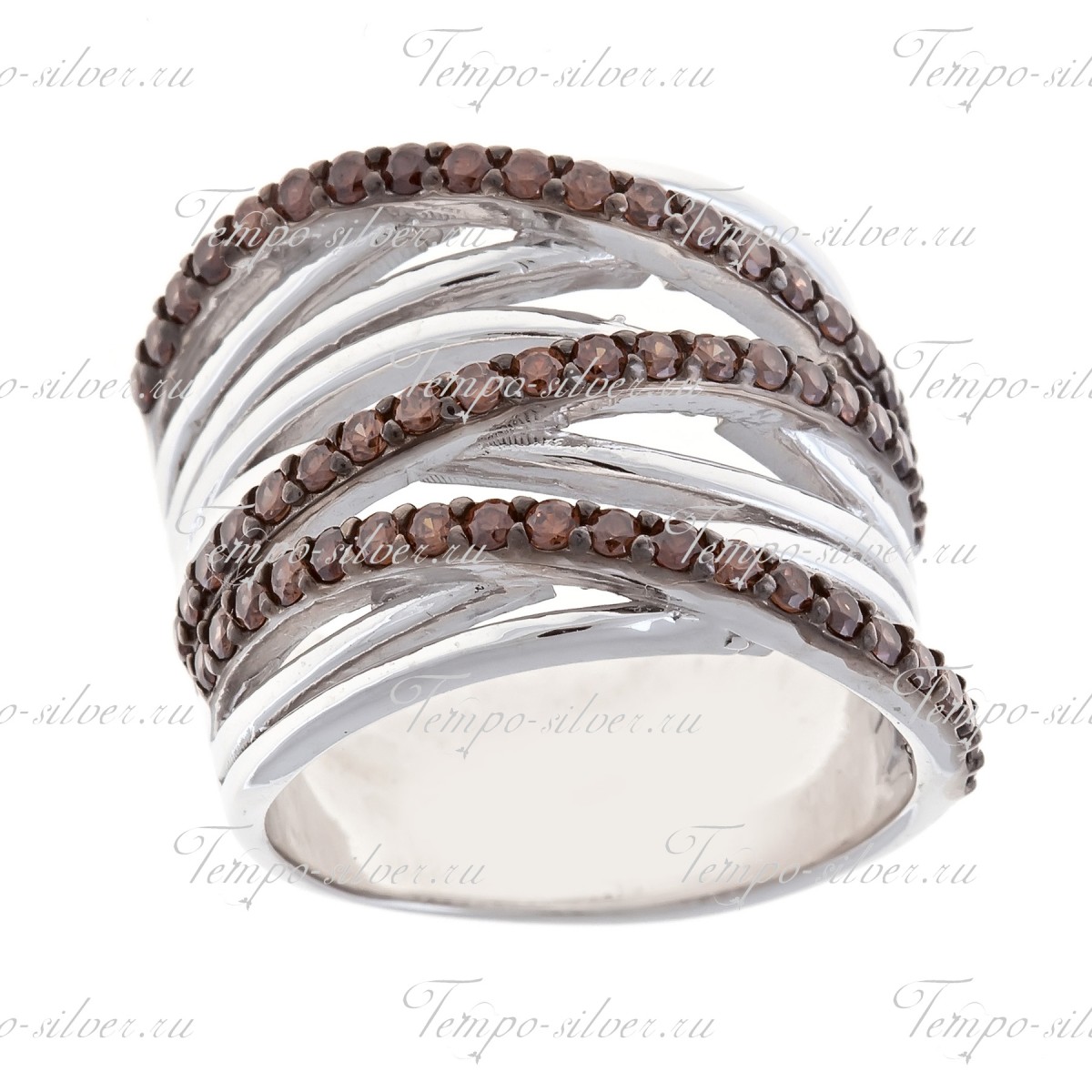 Кольцо из серебра многослойное с пересекающимися полосами из коричневых камней цена