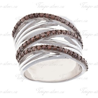 Кольцо из серебра многослойное с пересекающимися полосами из коричневых камней