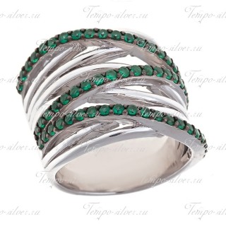 Кольцо из серебра многослойное с пересекающимися полосами из зеленых камней