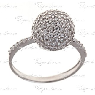 Кольцо серебряное с шаром, усыпанный белыми камнями